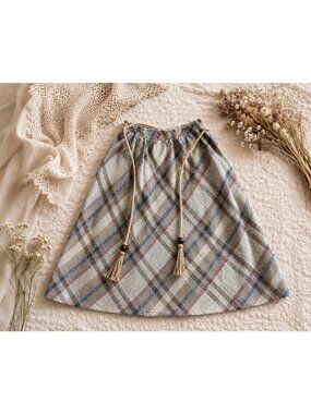 Vintage Neutrals Plaid Drawstring Midi Skirt Cottagecore Prairie Boho Skirt